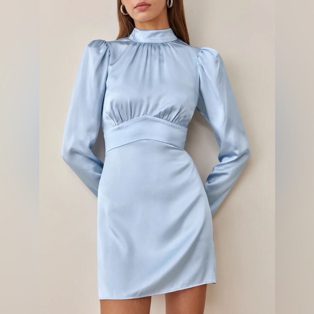 Reformation Samuel Long Sleeve Silk dress in Horizon - Picture 2 of 10